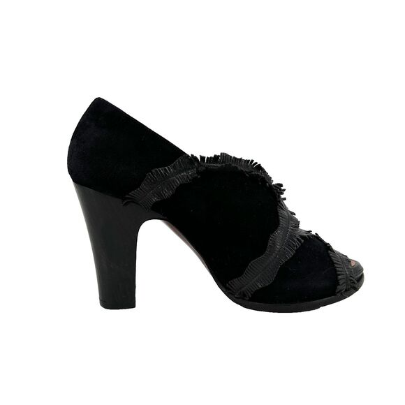Chie Mihara 37 Black Suede Ankle Booties Fringe Peep Toe 3.5in Block Heel Boho - Picture 1 of 11